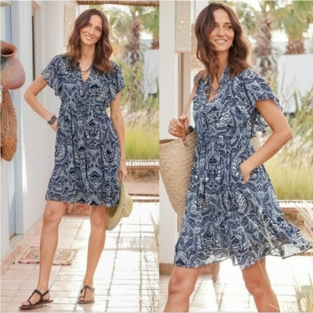 Sundance Skye Blue Boho Tie Waist Ruffle Smocked Flutter Sleeve Dress SZ Large